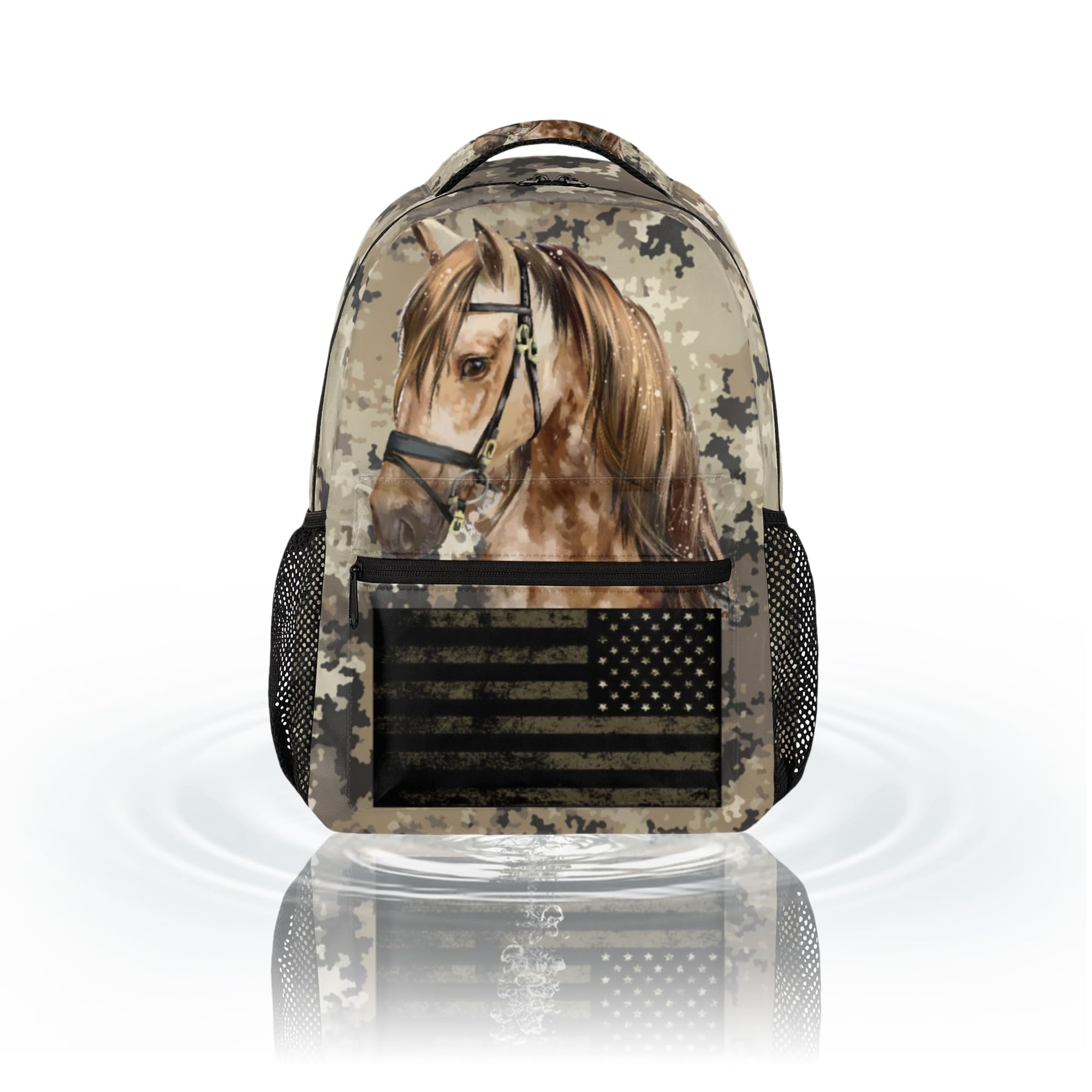 CFERSAN Kids School Backpacking Horse Animal Backpack for Teens Girls & Boys Middle School Aesthetic Camouflage USA Flag Students Bookbag 16 in Cute Lightweight Gym Travel Bag Sports Schoolbag