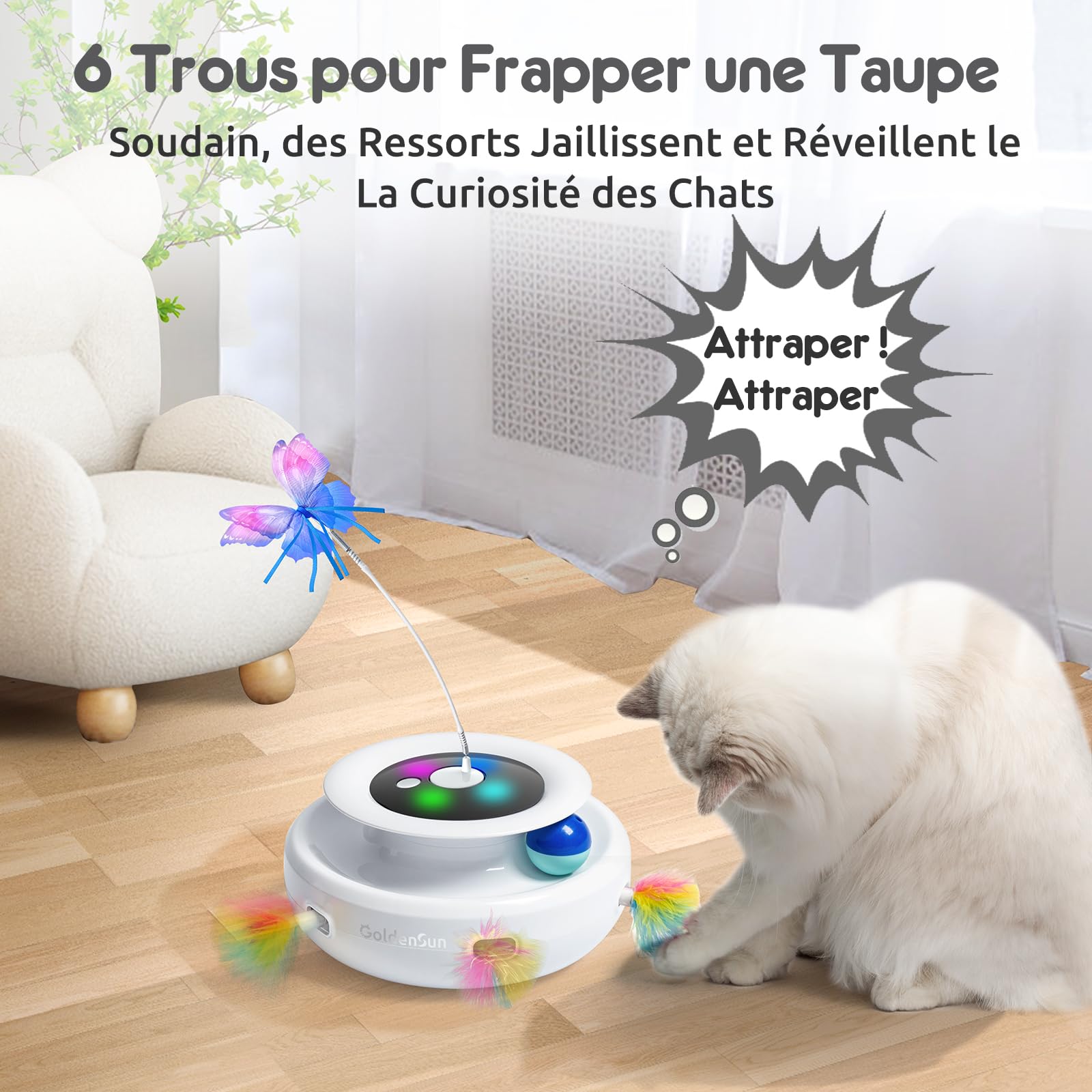 GoldenSun Jouet pour Chat, Jouet Interactif électrique 3 en 1 pour Chats, Whack-A-Mole, Papillon Flottant, Balle Incluse, Jouet pour Chat Rechargeable par USB avec 4 Accessoires