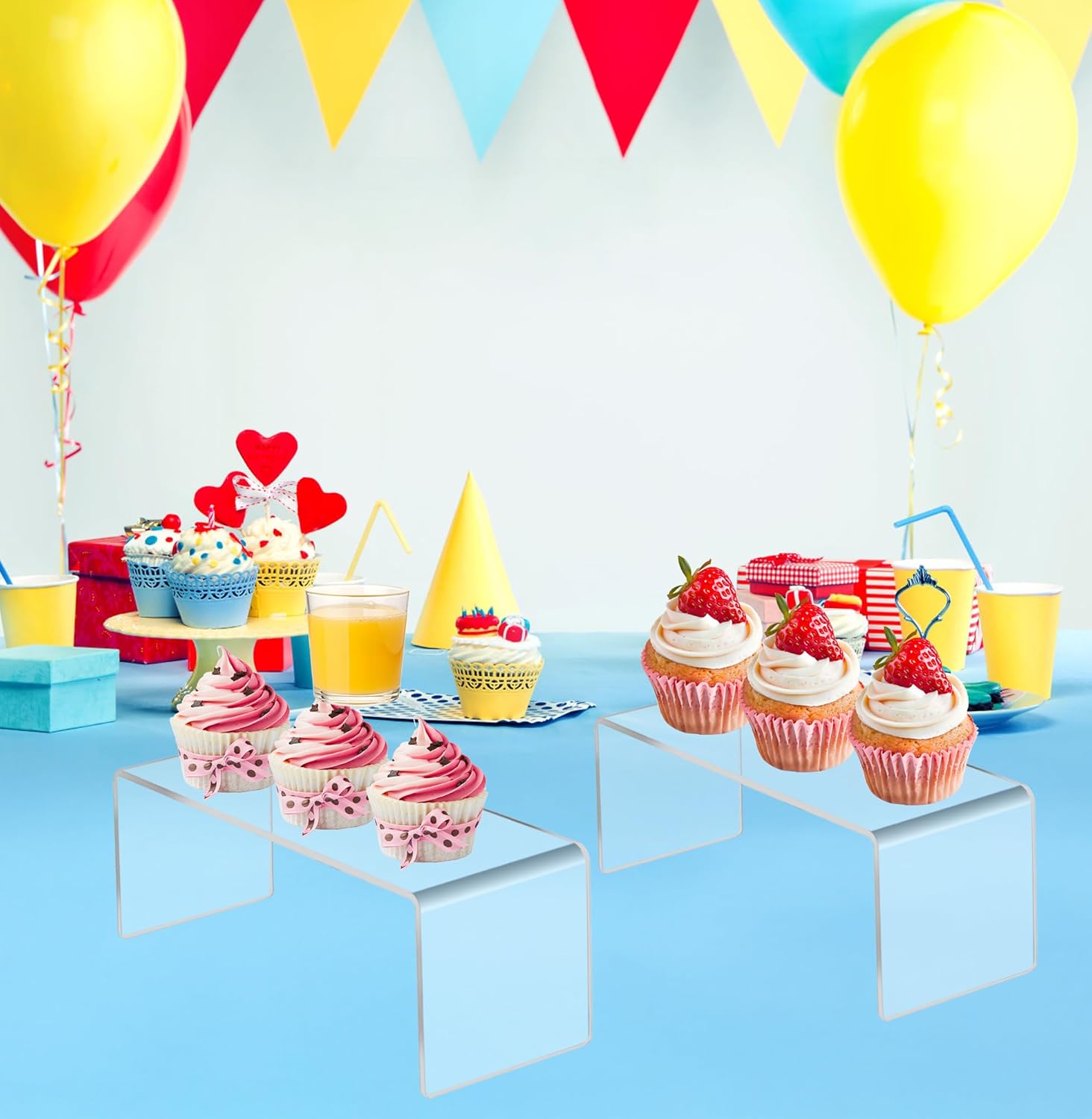 Jusalpha 4 PC Clear Acrylic Risers, Acrylic Display Risers Shelf Showcase Fixtures for Jewelry, Display Stand for Amiibo Funko POP Figures, Cupcakes, Food Display, Cabinet- (8''x 4''x 4.5'', 4 sets)