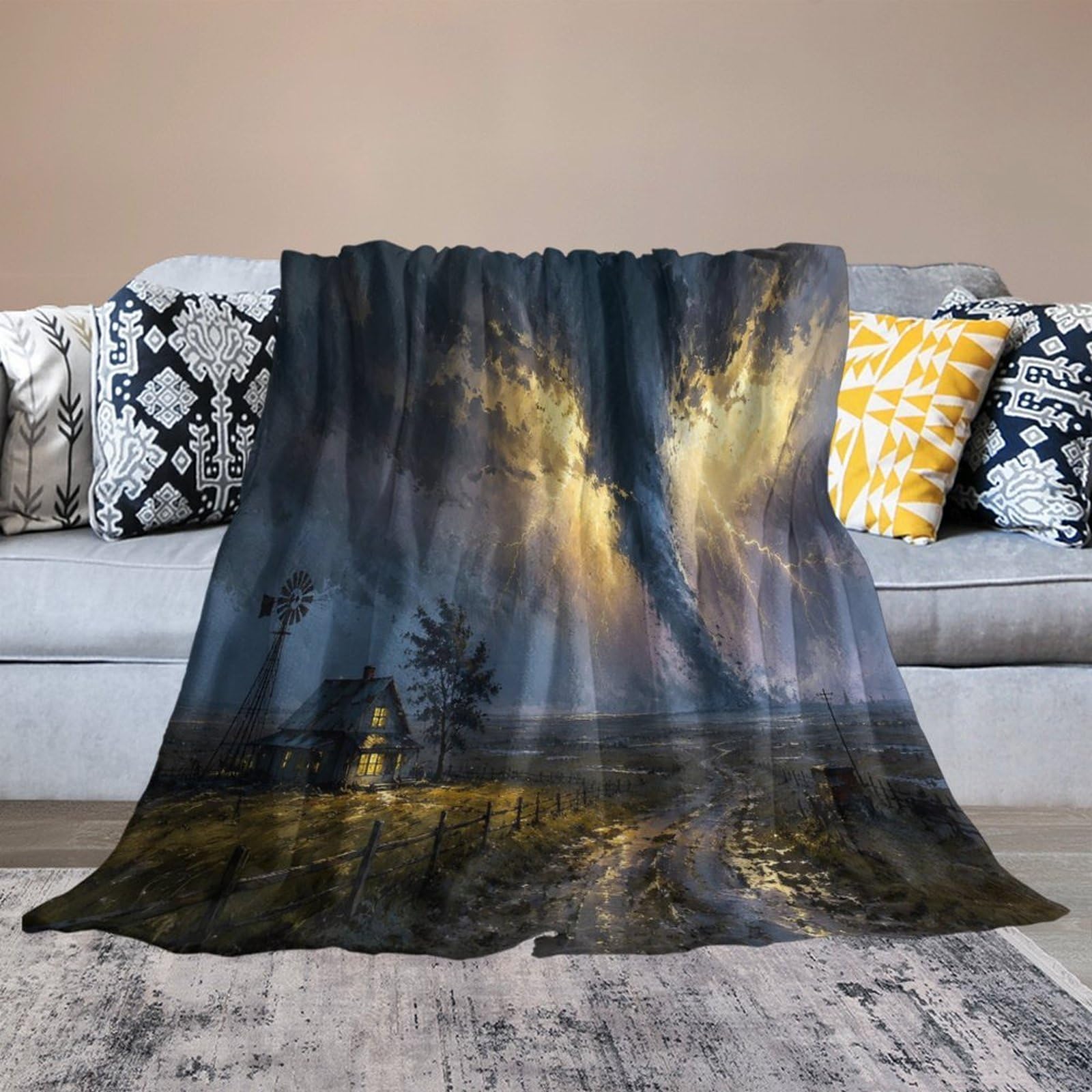 Dramatic Tornado Cabin Landscape Painting Kuscheldecke für Zuhause