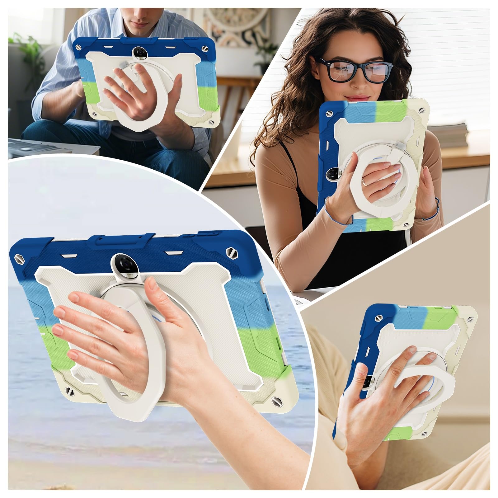Custodia protettiva resistente per Honor Pad 9 2023 da 12,1 pollici, supporto girevole a 360°, tracolla, portapenne e anello per manico, copertura antiurto, per bambini e adulti (blu bianco)