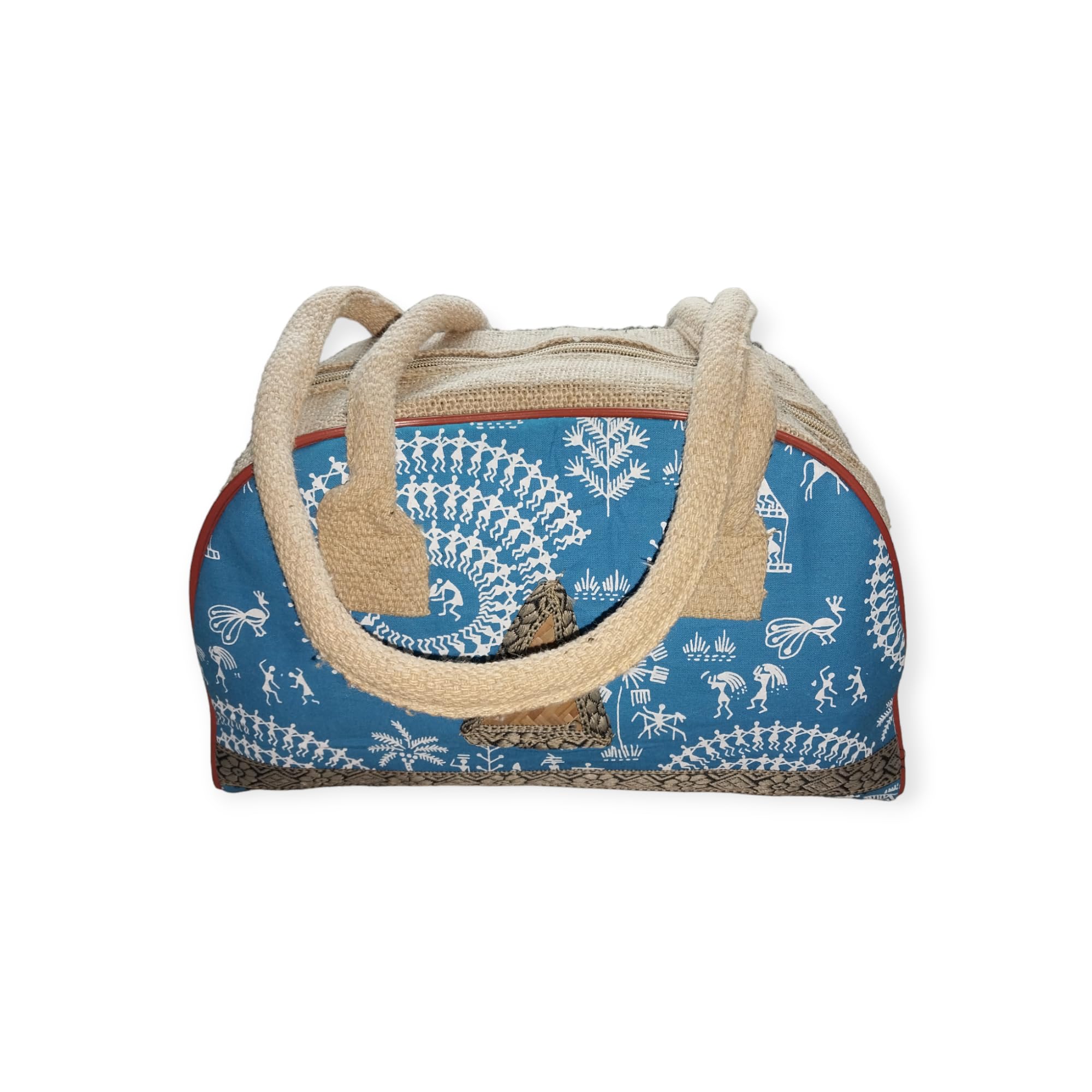 Blue cotton Ecofriendly multipurpose half-moon shaped bag with soft Jute handles for Shopping Travelling Beach going Men Women