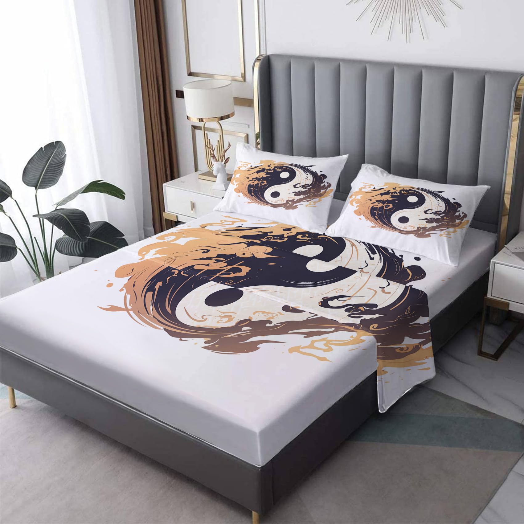 Zvynqour Asian Sheets California King Size - Chinese Style Bed Sheets - 16 Inch Deep Pocket Fitted Sheets & Flat Sheets & Pillowcases 4 Piece Set - Tai Chi Bedding & Decor - Soft Cosy Microfibe