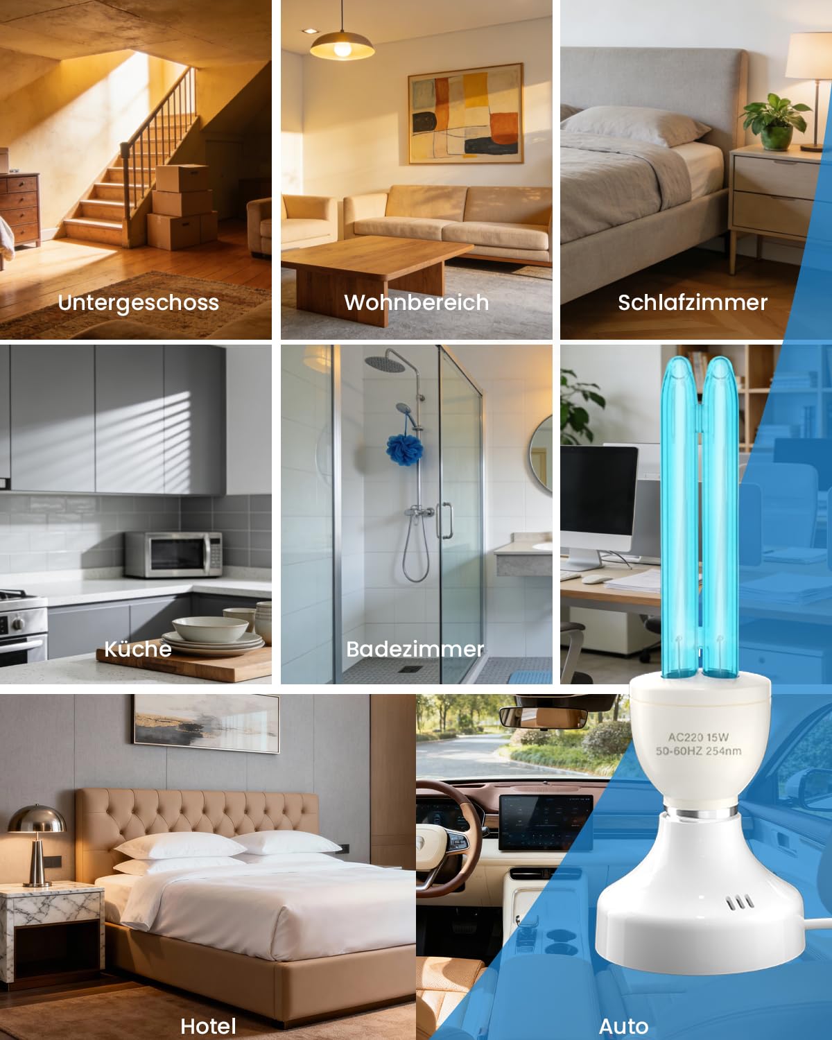 15W Lampe Desinfektion Ozon Licht mit Fernbedienung Timer Keimtötende Lampe Duale Sterilisation und Desinfektion AC220-240V Perfekt für Küche, Schlafzimmer, Wohnzimmer, Beseitigt Keime