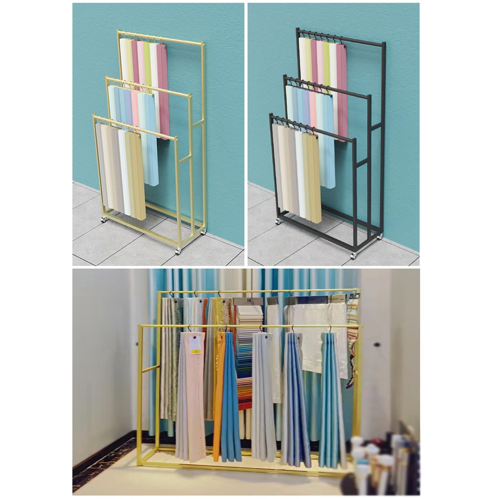 Expositor de muestras de tela comercial con ruedas, estante textil de metal para mantas, colchas, bufandas, toallas