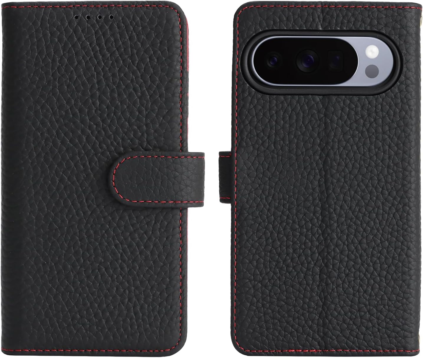 Zouzt Case for Google Pixel 10 and Pixel 10 Pro Genuine Leather Wallet Case with 4 Card Slot, RFID Blocking Card Holder Magnetic Flip Folio Shockproof Phone Cover Women Men- Black & Red