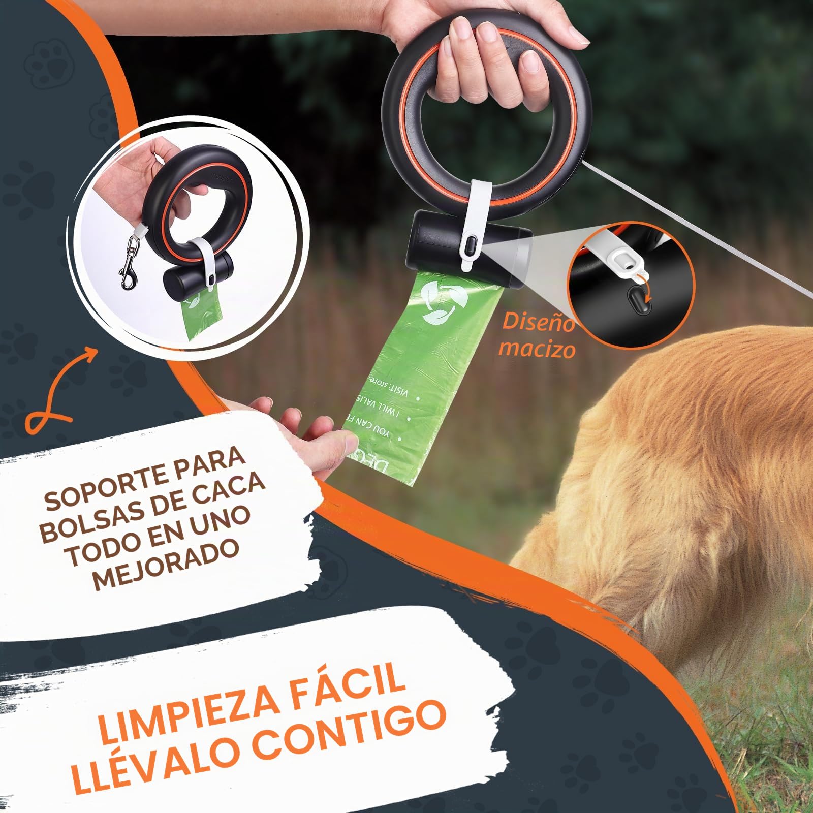 UFO - Correa retráctil para Perro, 360°, sin enredos, Bloqueo de Pausa de Freno con una Sola Mano, Correa Extensible para Perro con Soporte para Bolsa de excrementos, Cinta de Nailon