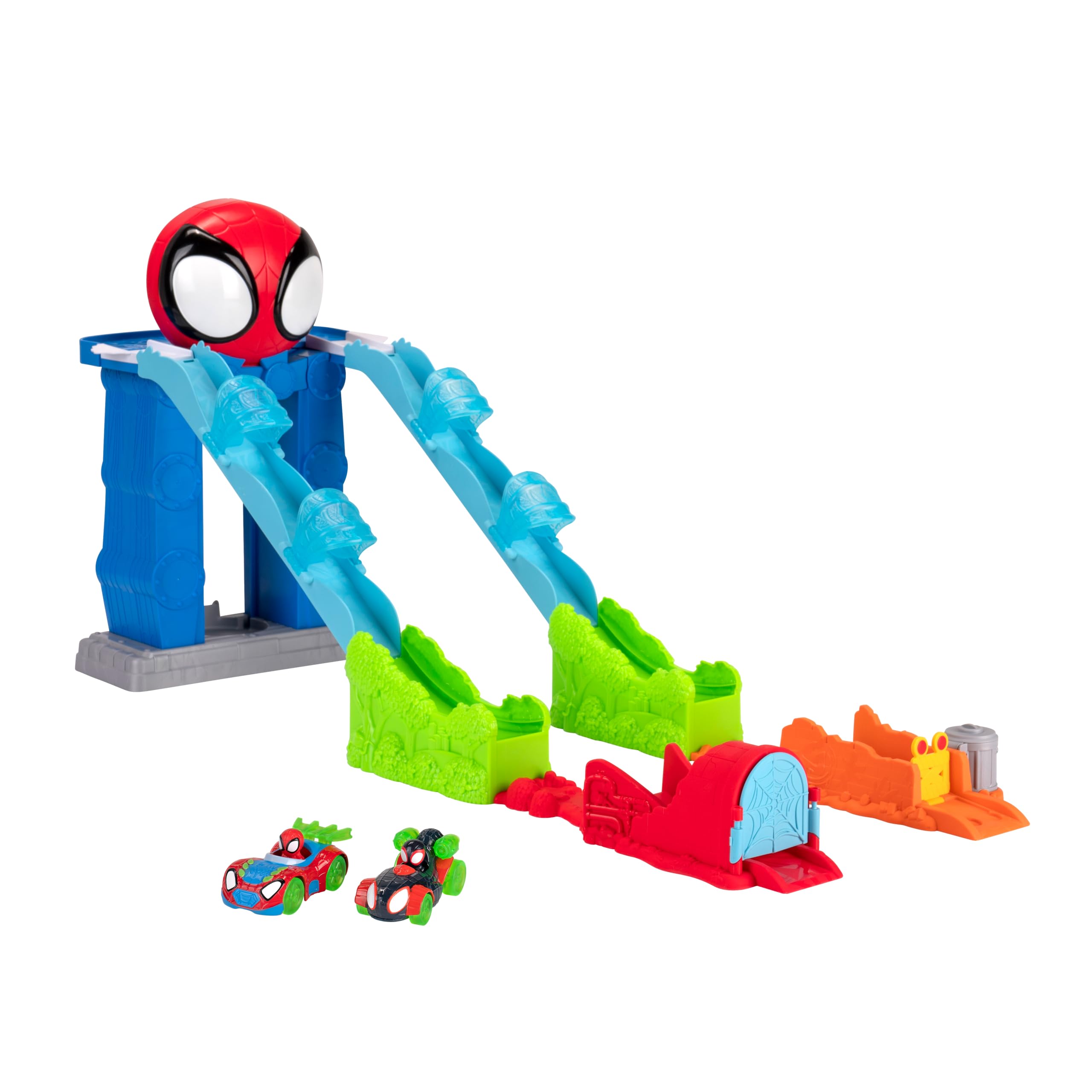 Spidey and his Amazing Friends Spidey’s Mega Jump HQ Track - 39-Inch Dual Race Track with Elevator, Control Centre, Web Tunnels and Two Exclusive Amazing Metals Vehicles