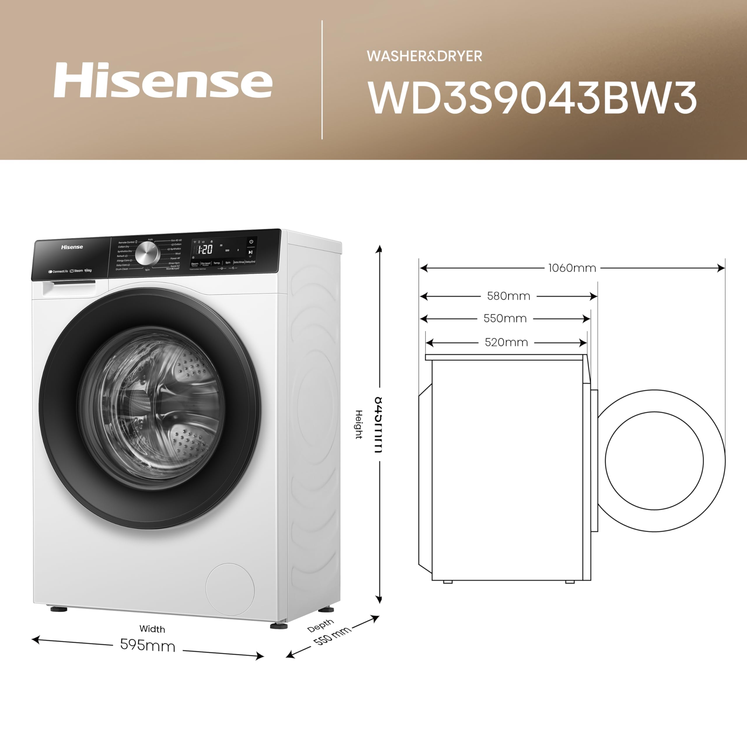 Hisense 3S Series WD3S9043BW3 Wifi Connected 9Kg / 6Kg Washer Dryer with 1400 rpm - White - D Rated [Wash&Dry], A Rated [Wash Only] — view 2