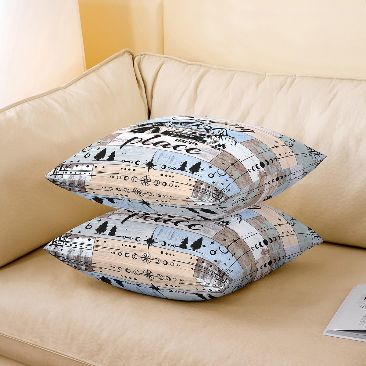 Pack Of 2 Geometric Square Pillow Covers,Ravel Camper Throw Pillow Covers,Rustic Farmhouse Style Cushion Covers,Retro RV Vehicles Decorative Pillow Covers For Sofa Couch,24x24 Inch Bedroom Decor