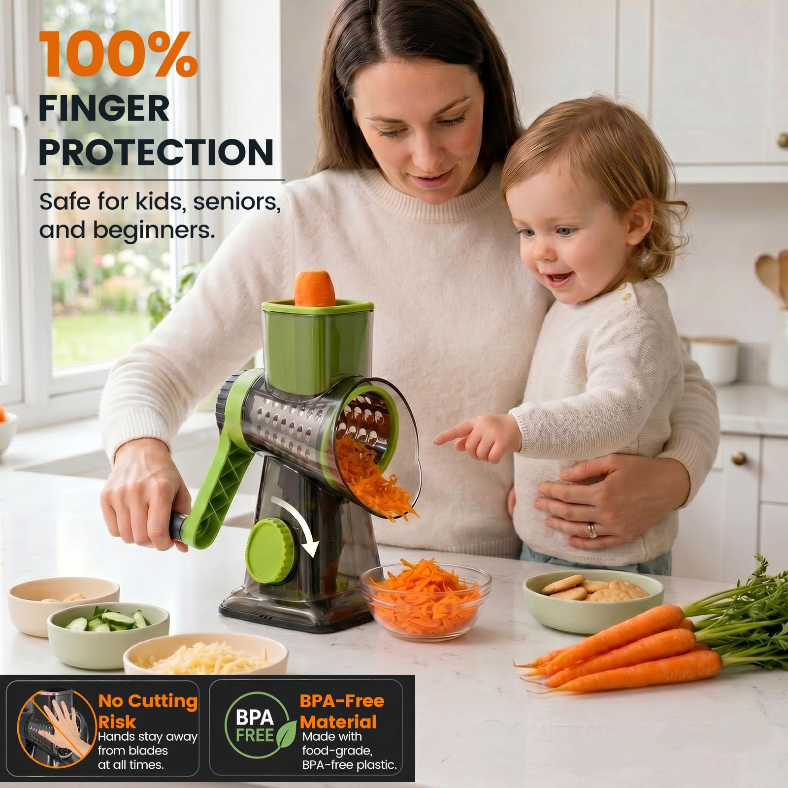 HANSGO Rallador giratorio de queso, triturador de queso con mango y 3 cuchillas intercambiables, cortador manual de verduras de cocina, verde para frutas y frutos secos