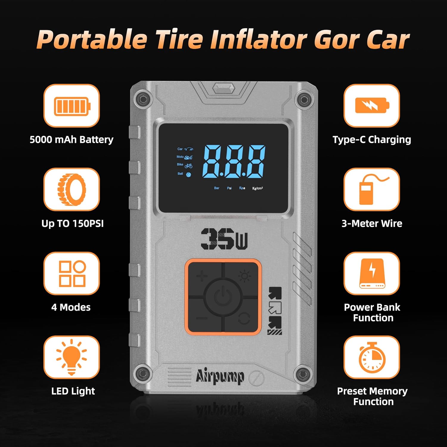 Tire Inflator,150 PSI, Air Compressor, Car Tire Pump, Air Pump for Car Tires, Bike Inflator, Car Accessories for Cars, Motorcycles & Bikes