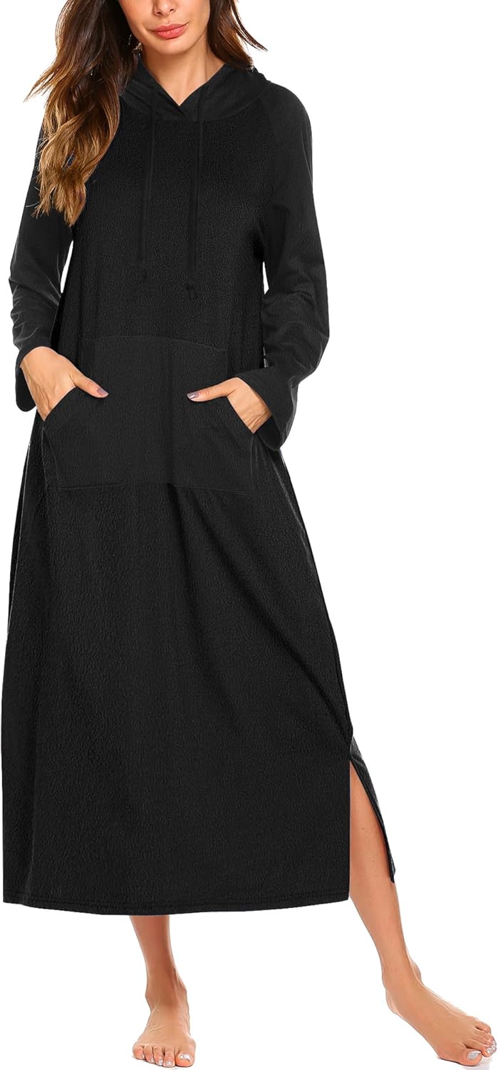 Ekouaer Nightgowns for Women Fleece Nightgown Long Sleeve Sleepwear Hooded Night Gown Long Sleep Shirt with Pocket