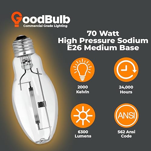 Miniatura 4 de GoodBulb Bombilla HID de sodio de alta presión de 70 W, base E26, ED17, código ANSI S62, 2000 K, color blanco cálido, acabado transparente, 24000