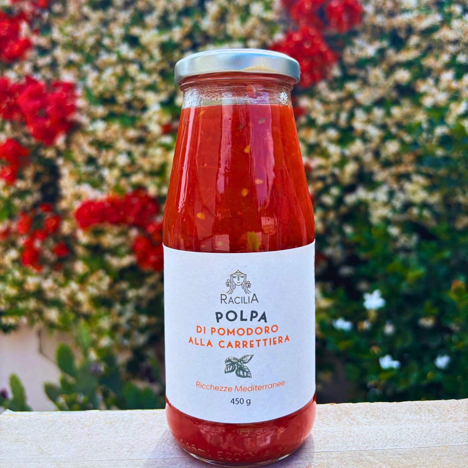 RACILIA 6x450gr Polpa di Pomodoro alla Carrettiera con Siciliano Siccagno, Basilico, Aglio, Zucchero da Barbabietola Italiana - Vegano, Senza Ogm | Pomodori Tradizione Siciliana