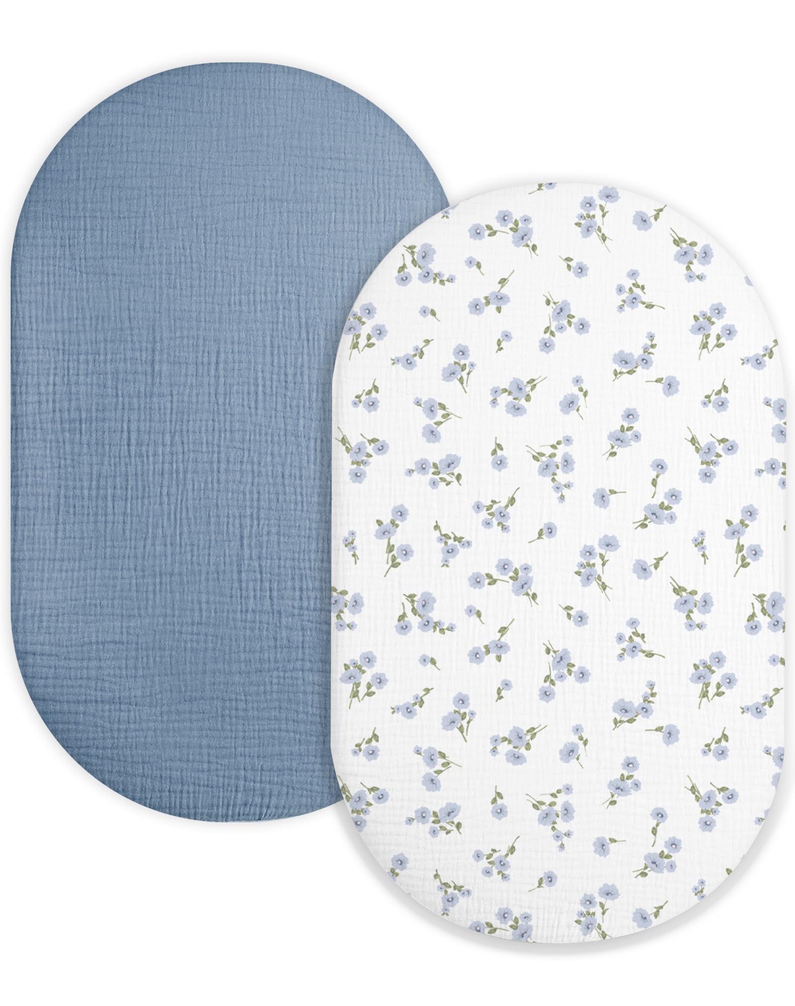 Bassinet Sheet for Baby Boy and Girl 2 Pack, Fitted Sheets for Rectangle, Oval, Hourglass Bassinet Mattress, Muslin Moses Basket Sheets with Neutral Style (Bluebell Bloom & Light Blue) — image 1
