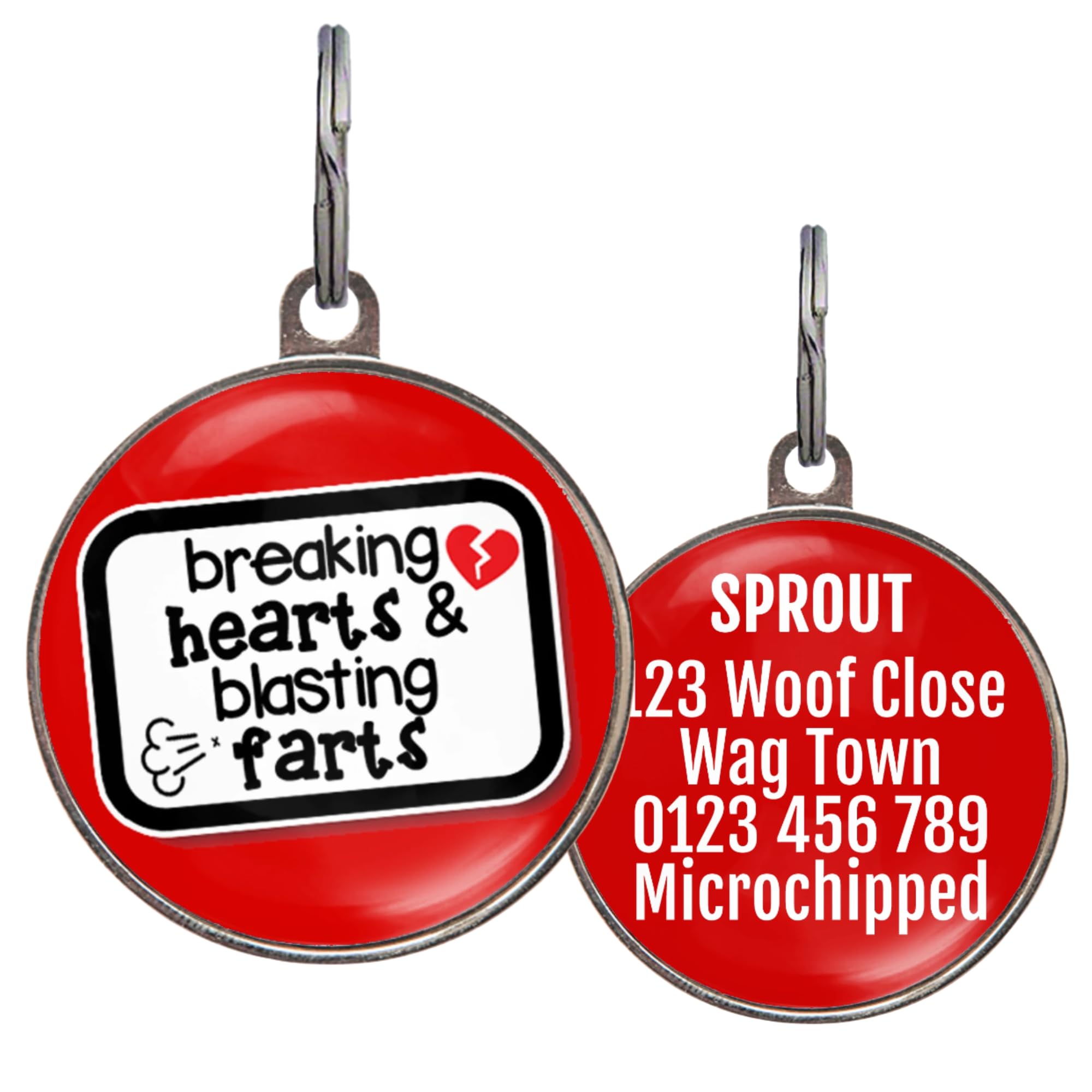 Funny Dog Tag – UK Made - Customised, 36 Colour Options, 2 Sizes for Dogs & Cats – Breaking Hearts and Blasting Farts – Waterproof, Double-Sided Pet ID – Cheeky Dog Name Tag