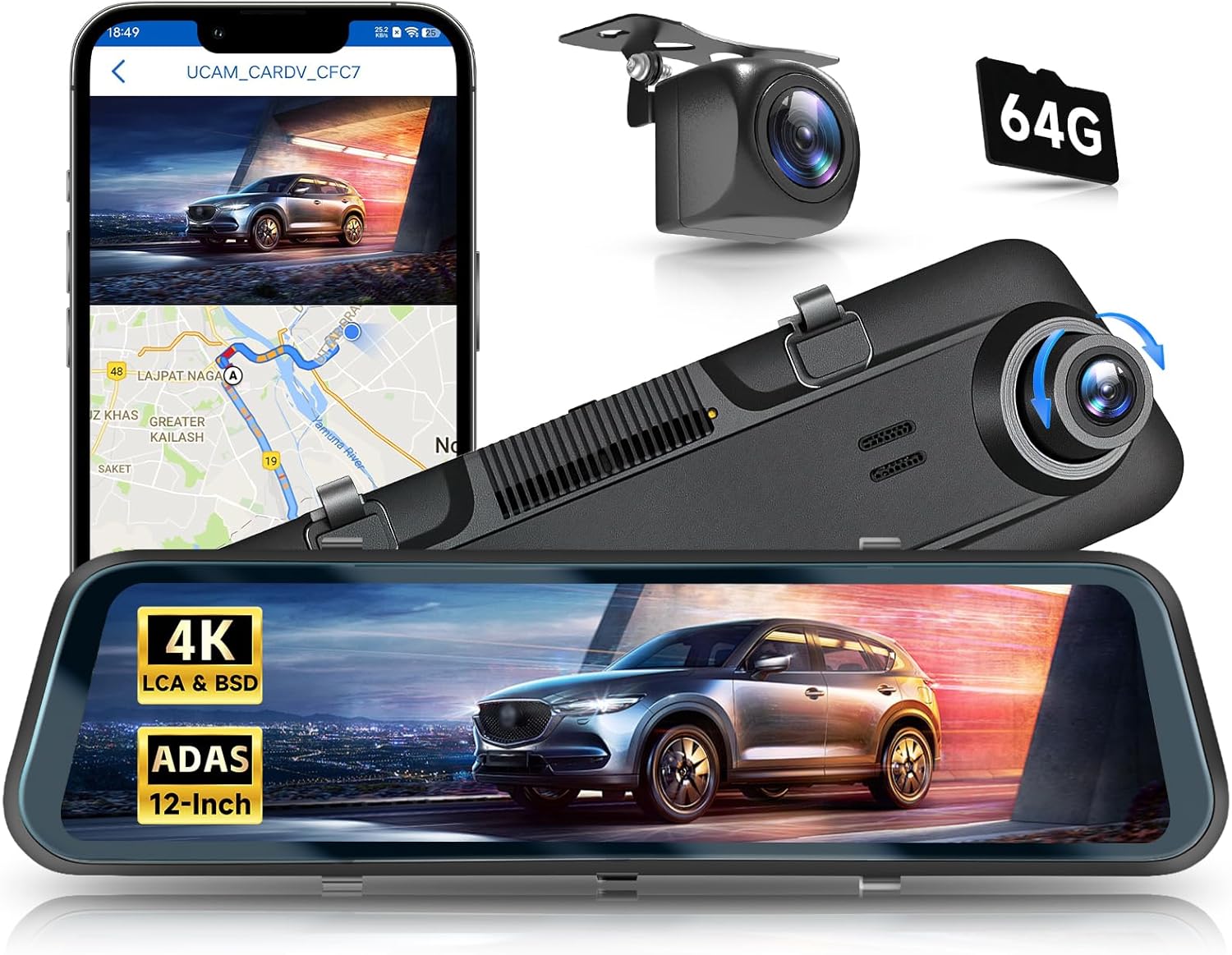 12 Inch 4K Mirror Dash Cam Front and Rear View Mirror Camera with ADAS BSD and LCA, GPS Dash Camera for Car, Rearview Mirror Camera with WiFi G-Sensor Night Vision Loop Recroding+ 64G SD Card