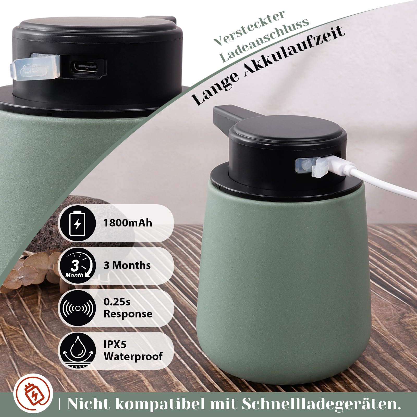 Juego de baño de 3 piezas, dispensador automático de jabón de 350 ml, recargable, vaso para cepillos de dientes de 280 ml y bandeja, moderno juego de baño minimalista verde, accesorios de