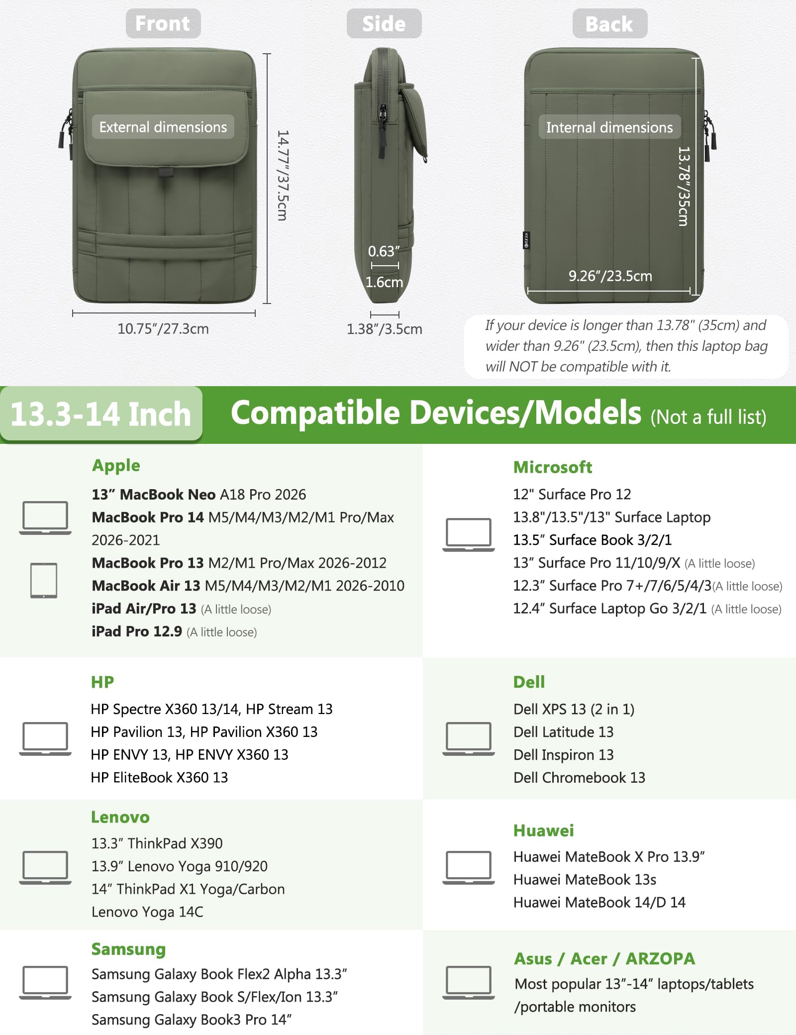 HYZUO 13,3-14 Pouces Housse Rembourrée Ordinateur Portable pour 13"-14" MacBook Pro/Air, 13" 13,3" Dell/HP/Lenovo/ASUS, Sacs à Bandoulière Slim pour Femmes Sac de Travail Quotidien, Vert Minuit