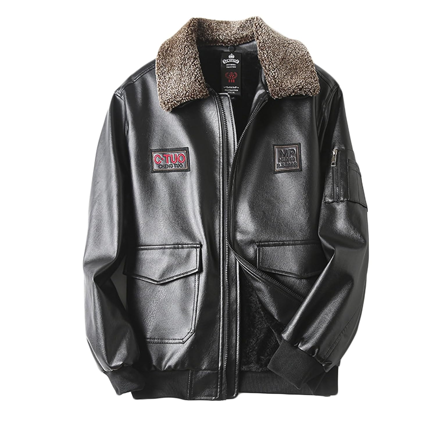 newrong Jaqueta masculina de couro sintético com lapela