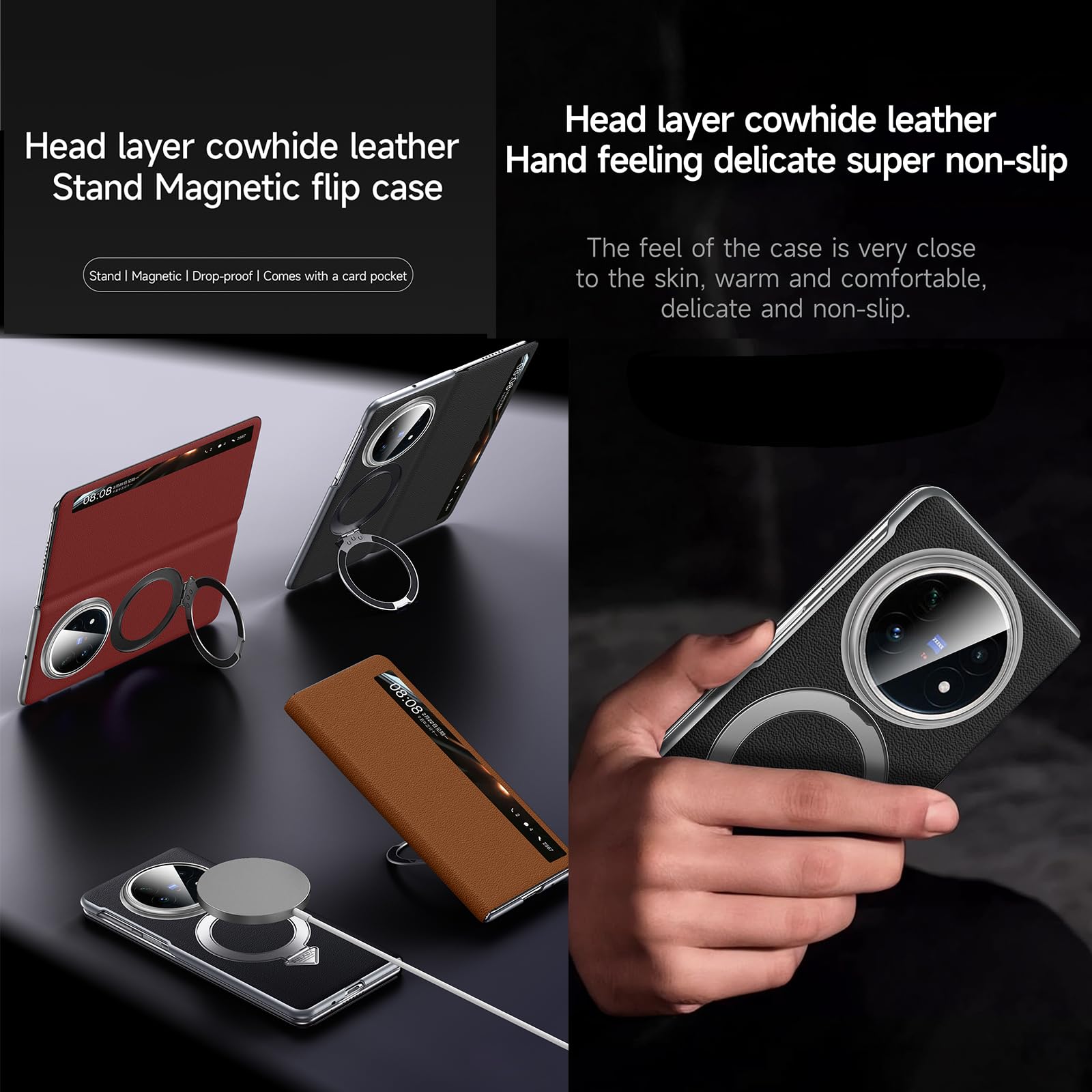 Kompatybilne z Vivo X Fold 5 etui Smart Clear View Case [kompatybilne z Mag-Safe] [z regulowanym stojakiem pierścieniowym] smukłe etui z klapką z prawdziwej skóry, ochronne, odporne na wstrząsy, dla