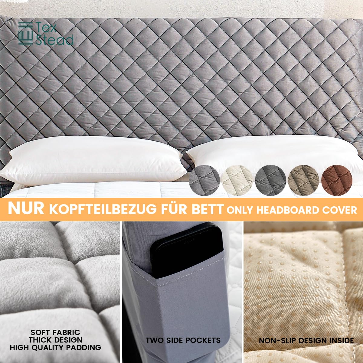 Samt Bettkopfteil Bezug & Betthussen Set – All-in-One Design, elastische & wattierte Staubschutz-Hülle als dekorative Abdeckung für gepolsterte Kopfteile, waschbar in Grau (ca. 200x70 cm)