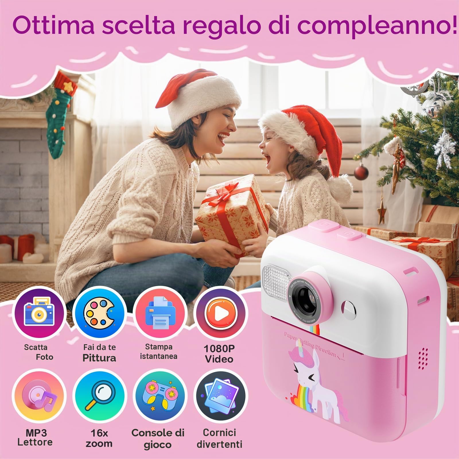 Macchina Fotografica Bambini Istantanea, 2,4 Pollici 1080P Fotocamera Bambini Selfie con Carta da Stampa e 32GB Scheda, Giocattolo Regalo di Natale Bambino e Bambina 3 4 5 6 7 8 Anni (Rosa)