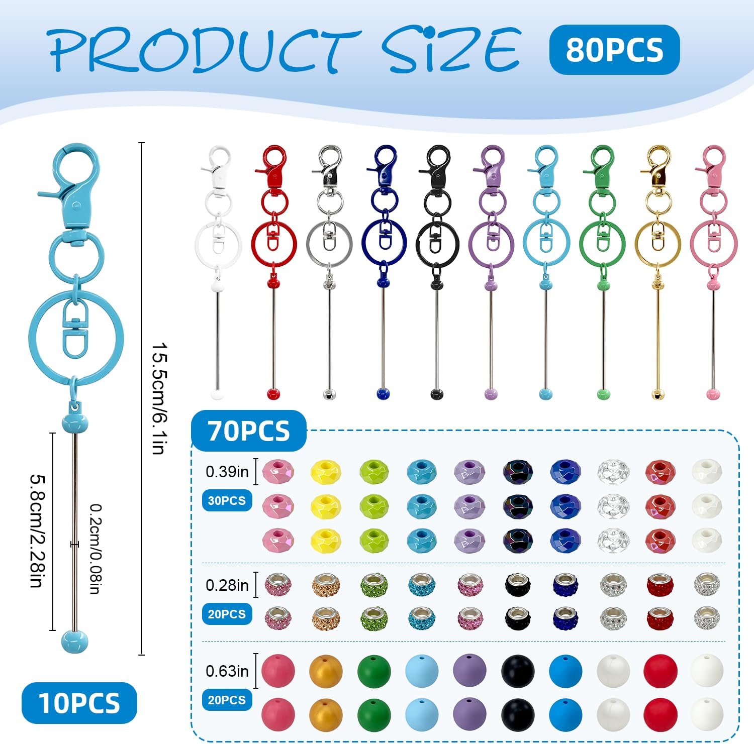 EQUNROY 80 Pcs Beadable Keychain Making Kit, 10 Pcs Beadable Keychain Bars with 70 Pcs Bubblegum Beads & Spacer Beads, DIY Craft Supplies Jewelry Making Party Favors Gift - Image 2