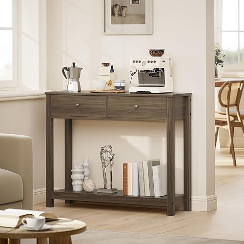 Miniatura 6 de Gizoon Mesa consola con 2 cajones, mesa de entrada de madera de 2 niveles con estantes de almacenamiento, mesa de sofá de madera de 39 pulgadas de