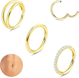 14G Belly Button Rings for Women Surgical Steel Hoop Belly Button Rings Gold Silver Tone CZ Navel Rings Clicker Belly Button Piercing Jewelry 3Pcs