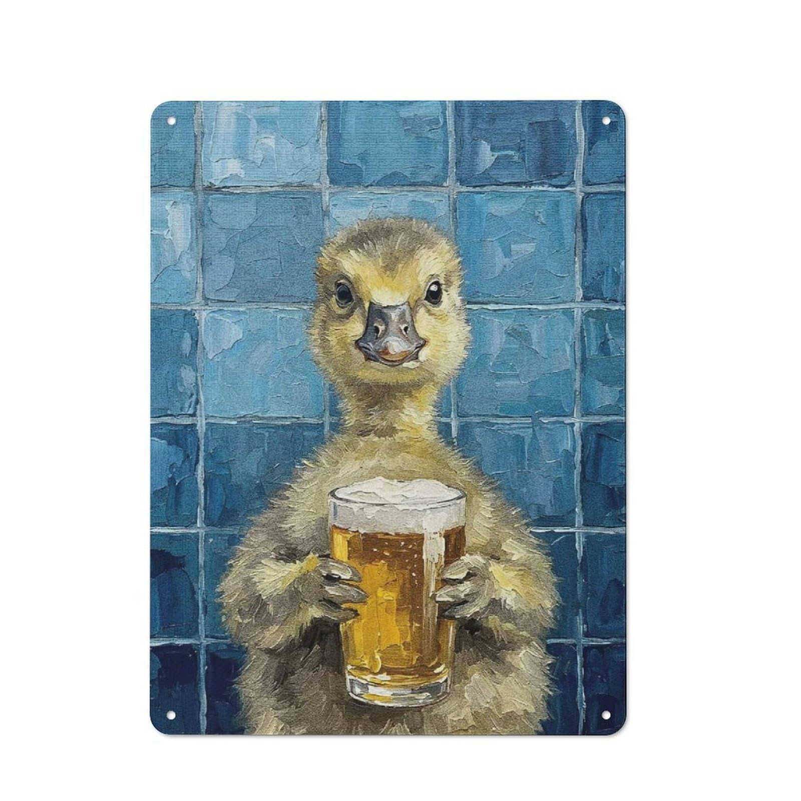 Old Style Duckling with Beer Painting Metal Sign 40x30cm, Bar Wall Plaque for Diner, Restaurant, Shed Or Kitchen