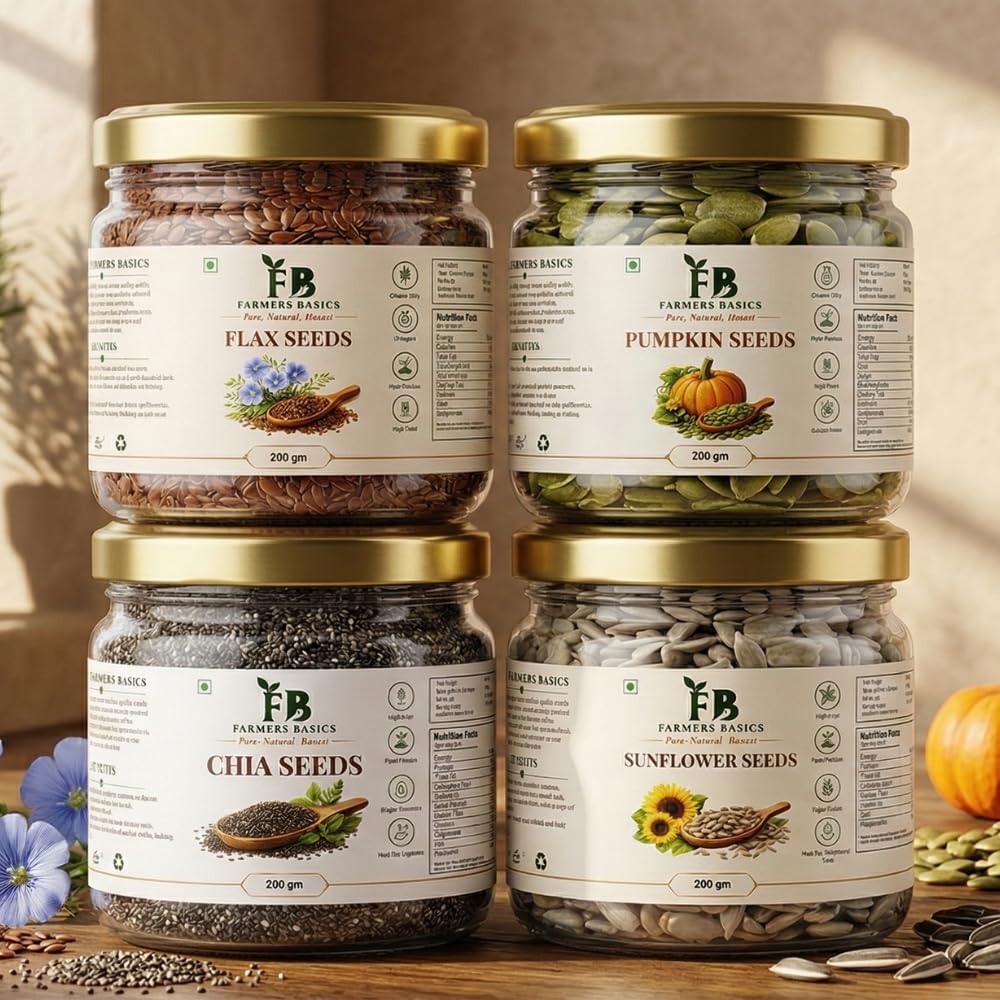 Farmers Basics Premium Seeds Combo Pack of 4 (200g Each) | Chia, Flax, Sunflower & Pumpkin Seeds in Glass Jars | Rich in Omega-3, Protein & Fibre | 100% Raw & Triple-Cleaned Superfood | Weight Management & Immunity Booster | Sustainable Glass Packaging-image-47