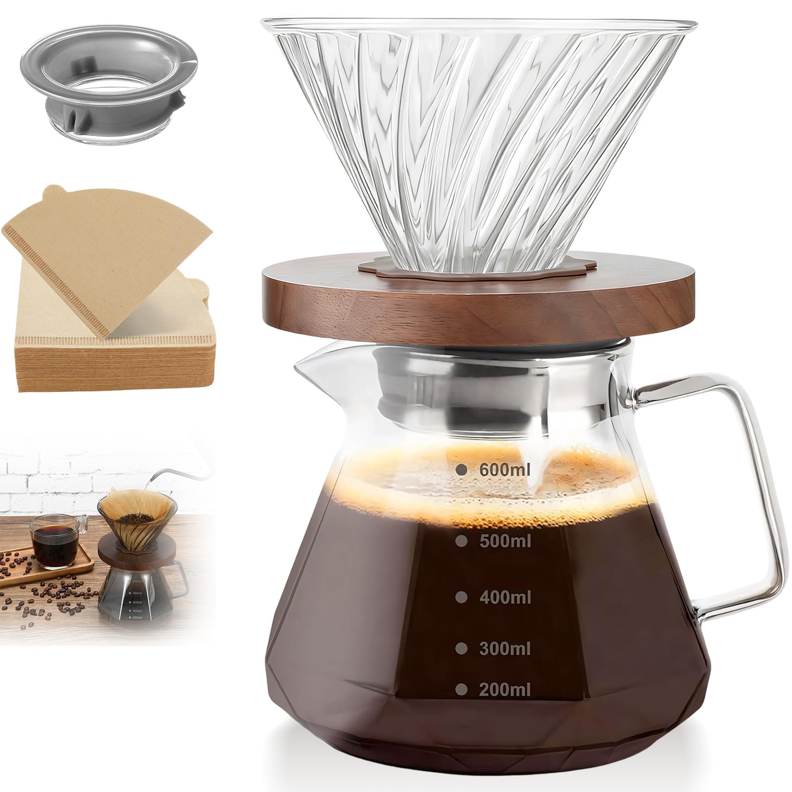 Cafetières à verser, cafetière filtre manuelle en verre transparent de 600 ml, plateau en noyer noir et entonnoir en spirale, goutte adaptée à la maison, au café (comprend 100 papiers filtres)