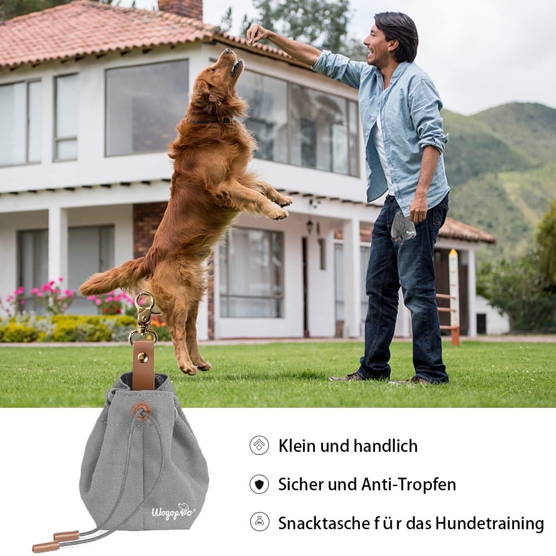 Sacchetto per cani in tela con clip e corda, per addestramento del cane (grigio)