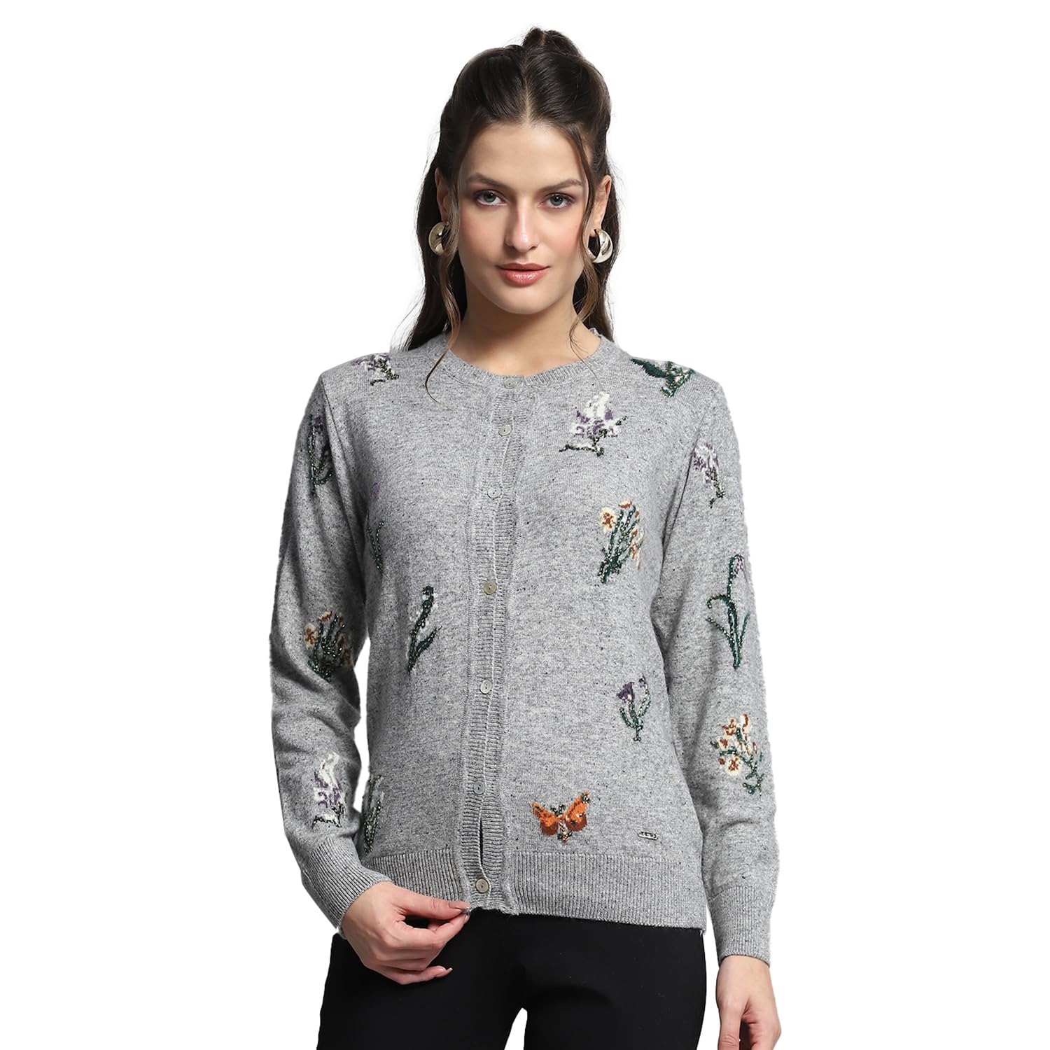 monte carlo Womens Self Design Grey Round Neck Full Sleeve Cardigan_1243763RN-1-picture-39