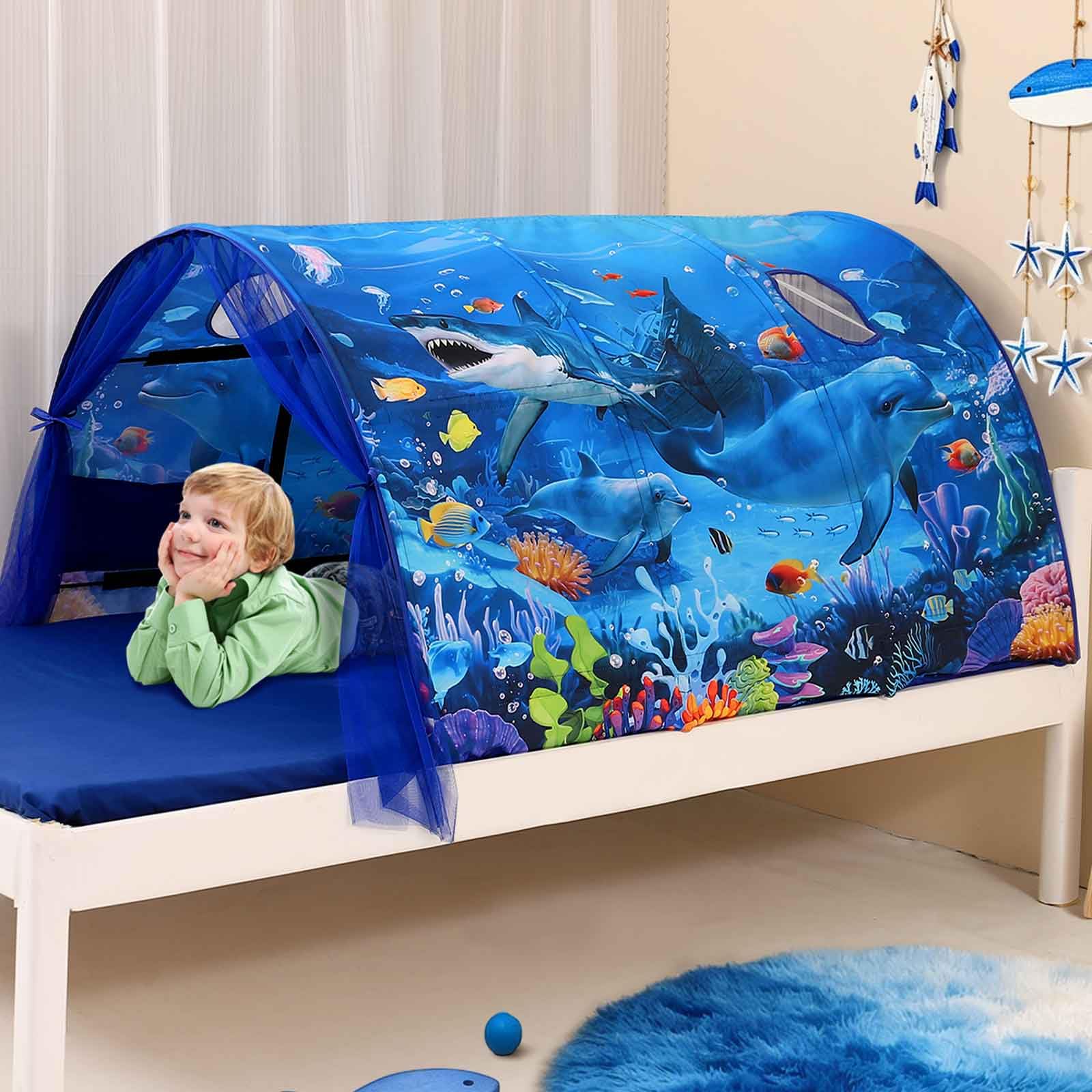 DragonNook Kids Bed Tent Twin Beds -Cartoons Wonder Play Tents Boys Girls Ventilated Indoor Children Promotes Independent Play, Stimulates Imagination Set-Up Playhouse (Shark)
