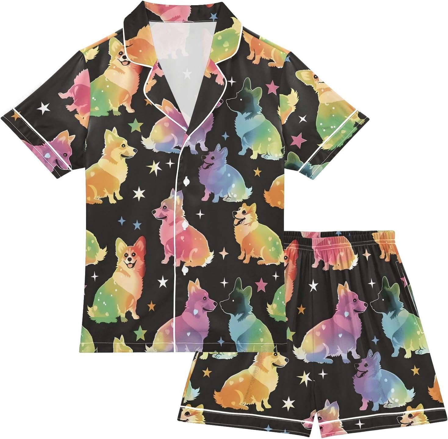 Kids Satin Wear Set Rainbow Corgis and Stars Pattern Relaxed Fit Clothing Short Sleeve and Shorts