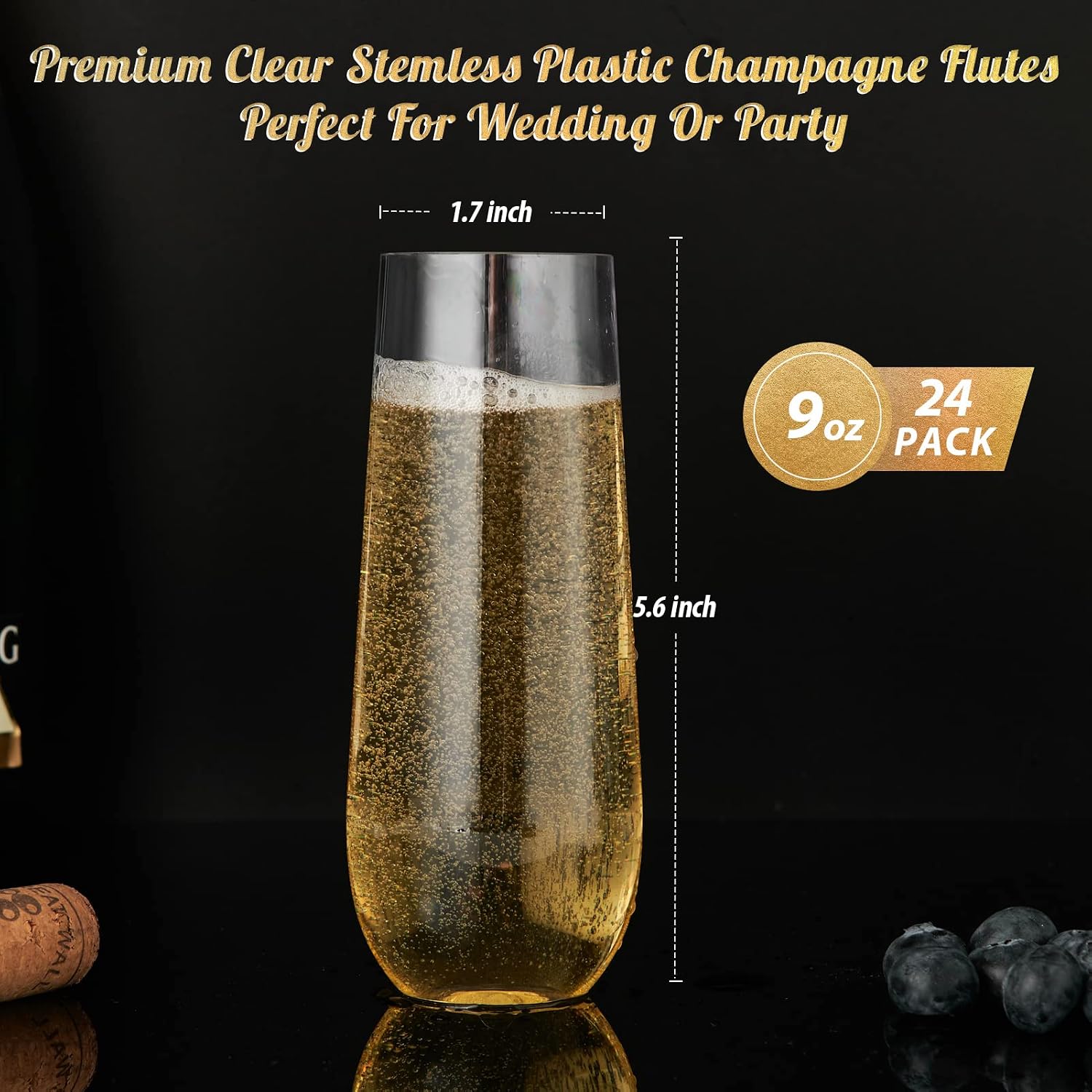 FOCUSLINE 24 Pack Plastic Champagne Flutes 9 Oz Stemless Plastic Champagne Glasses, Heavy Duty Clear Plastic Unbreakable Toasting Glasses | Shatterproof | Disposable | Reusable For Wedding Or Party