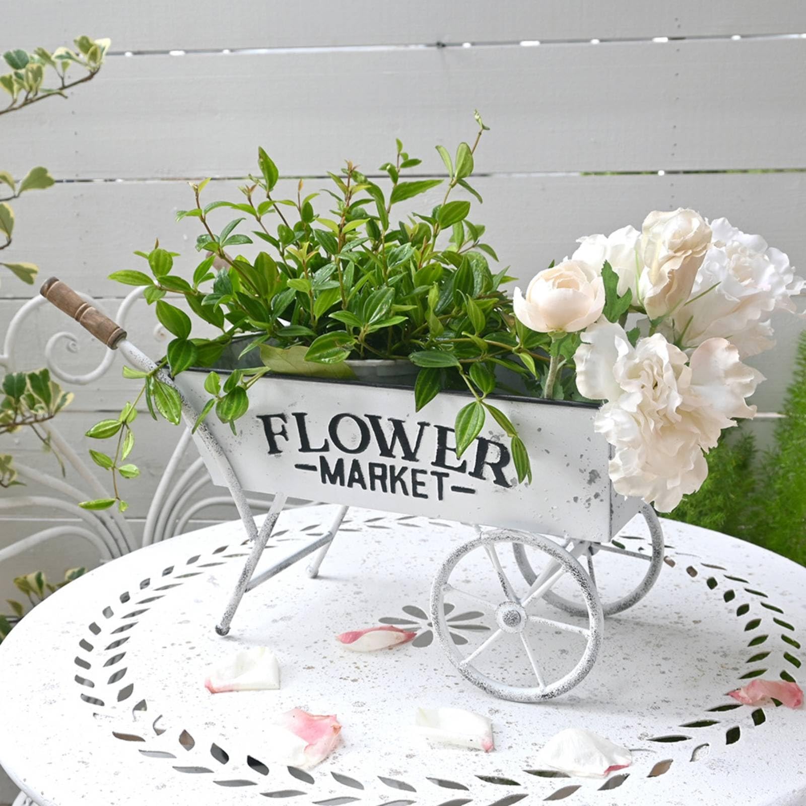 Brouette Porte-Plante en Métal Vintage Jardinière en Forme Brouette Extérieur Chariot à Fleurs pour Jardiniers, Blanc