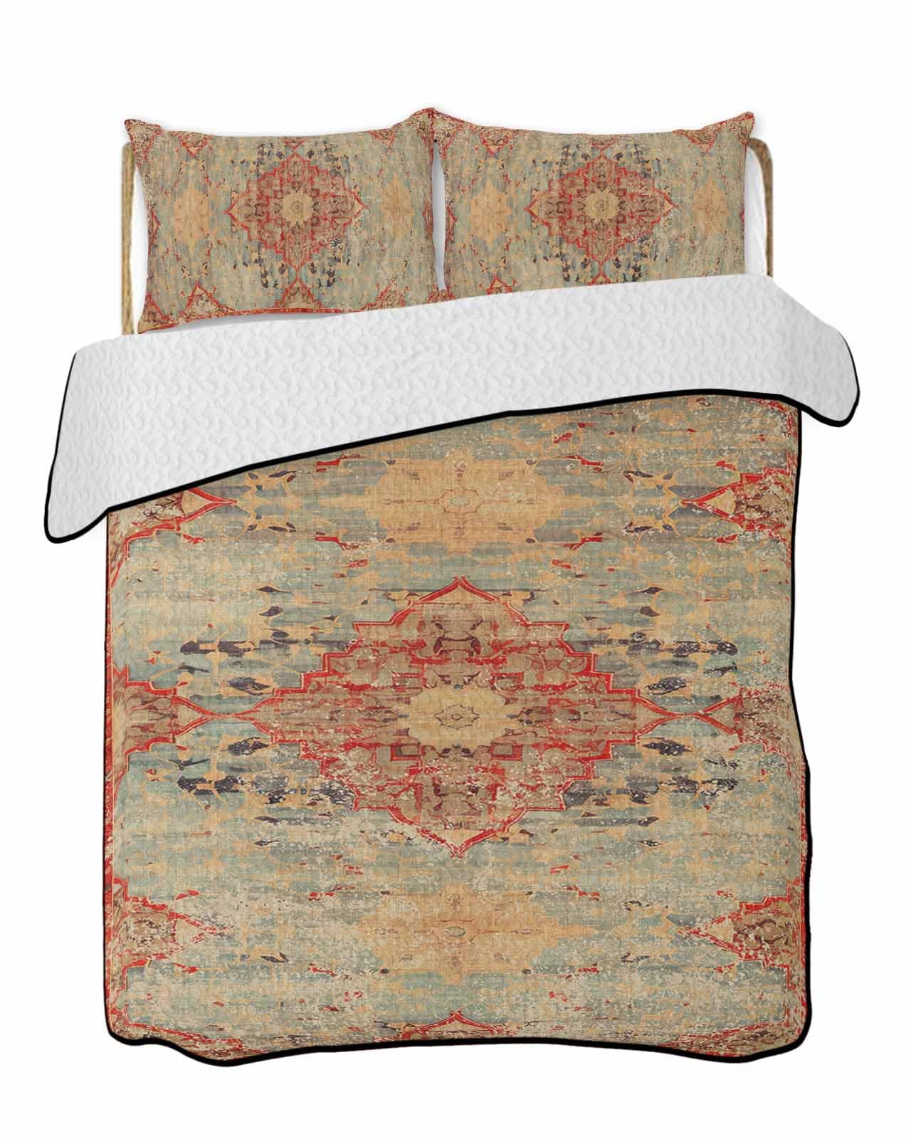 3-Piece Summer Quilt Queen Size, Western Rustic, Lightweight Cooling Bedding Comforter Blanket with 2 Pillow Shams, Vintage Shabby Chic Tribal Patterns Ethnic Bedspreads Quilted Coverlet Sets 90