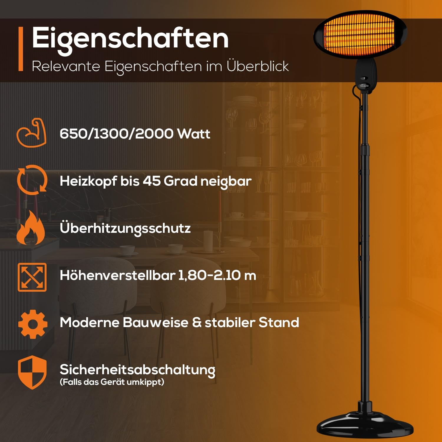 Tronitechnik® Infrarot Heizstrahler 2000 Watt Standheizer Terrassenheizer Terrassenstrahler Wärmestrahler für die Terrasse, Wickeltisch-Strahler, schwarz, Innen & Außen, höhenverstellbar, neigbar