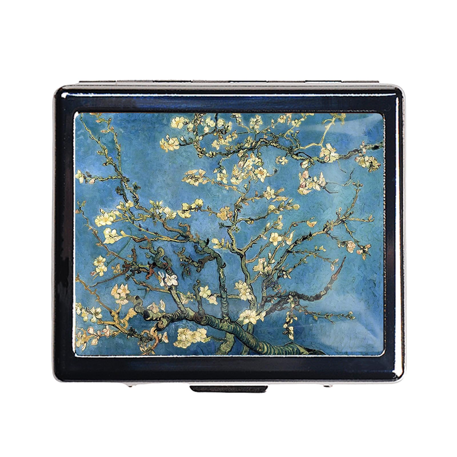 DingRound Silver Vintage Pill Box 7 Day Metal Pill Box with Mirror and 8 Compartments Cute Travel Pill Organizer for Purse (Art Almond Blossoms)