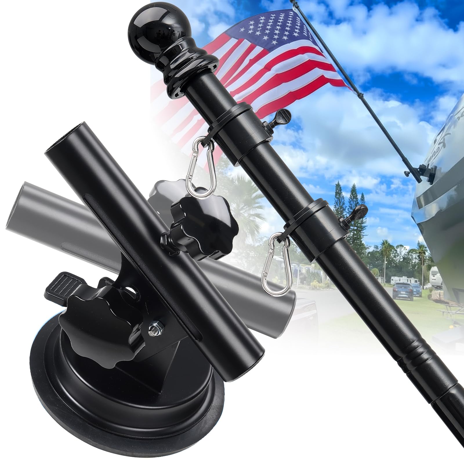 Photo 1 of Flag Pole Kit with Suction Cup Holder - 6ft Heavy Duty Flagpole, 400lbs Suction Secure Mount with 0-90 °Adjustable Angle - No Drill, Rustproof for Outdoor Camper,Rv, Boats,Truck,SUV