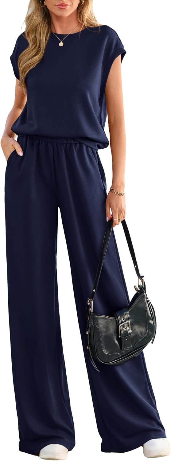 PRETTYGARDEN Women's Summer 2 Piece Lounge Sets 2026 Cap Sleeve Tops Wide Leg Pants Workout Sets Loose Casual Tracksuit