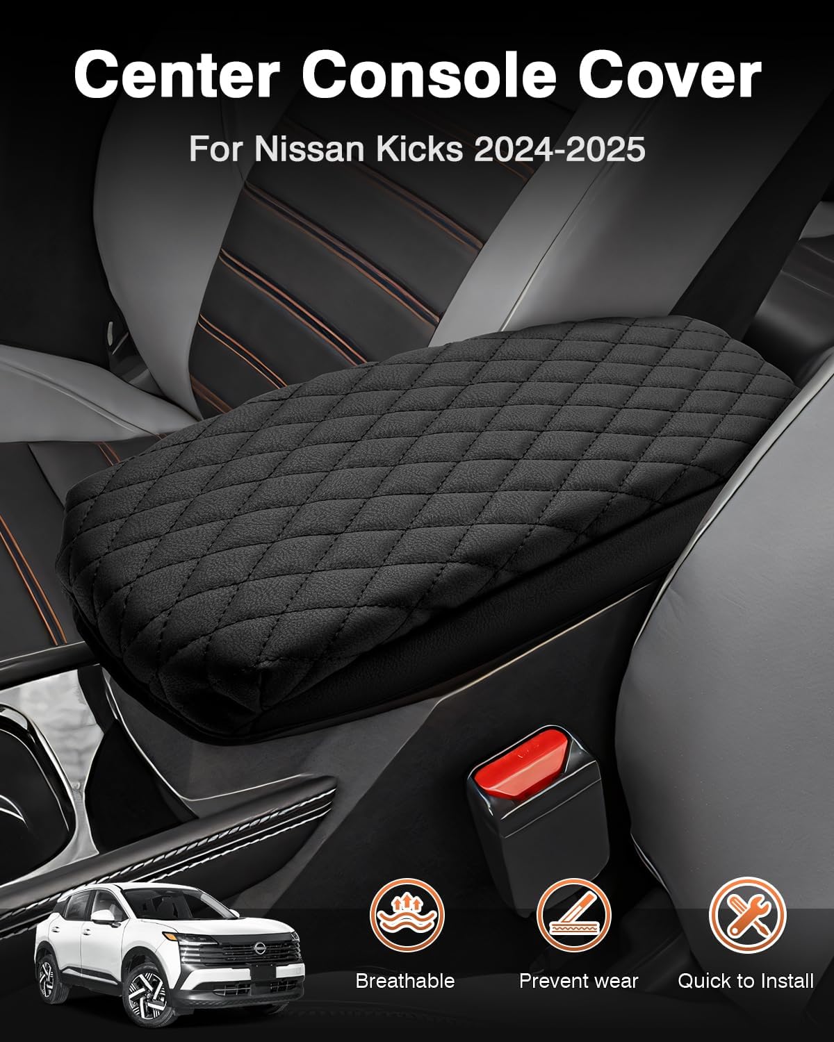 Shademax Center Console Cover for Nissan Kicks S SV SR 2025 2026 Accessories, Kicks Armrest Cover Center Console Cushion Pad Leather Middle Console Arm Rest Seat Box Lids Protector