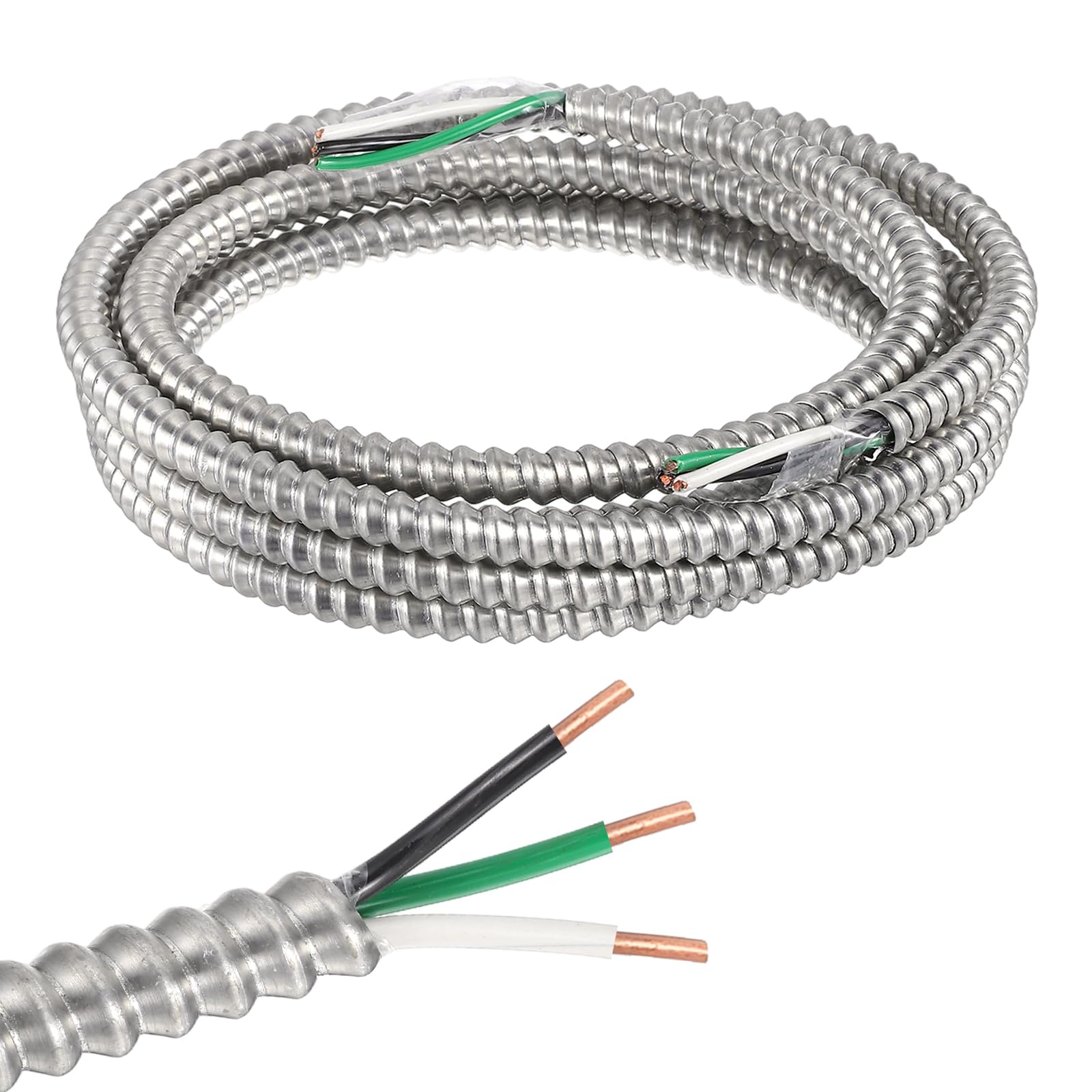 sourcing map 12/2 Metal Clad (MC) Cable with Ground,Metal Clad Cable Electric Wire with Aluminum Armored Solid Bare Copper Conductors for Indoor,Outdoors,Embedded Installation(10ft,12 Gauge)