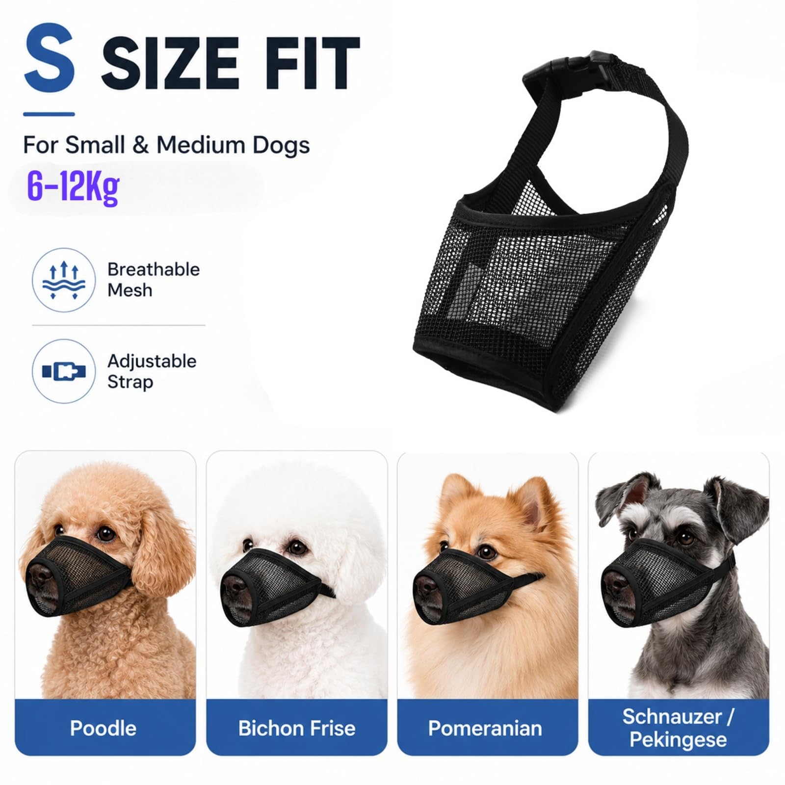 Muselière pour Chien Noir, Ajustable pour Petit Chien 6-12 kg, Respirante avec Trou pour Haleter et Boire, Anti Morsure, pour Promenade Toilettage et Vétérinaire