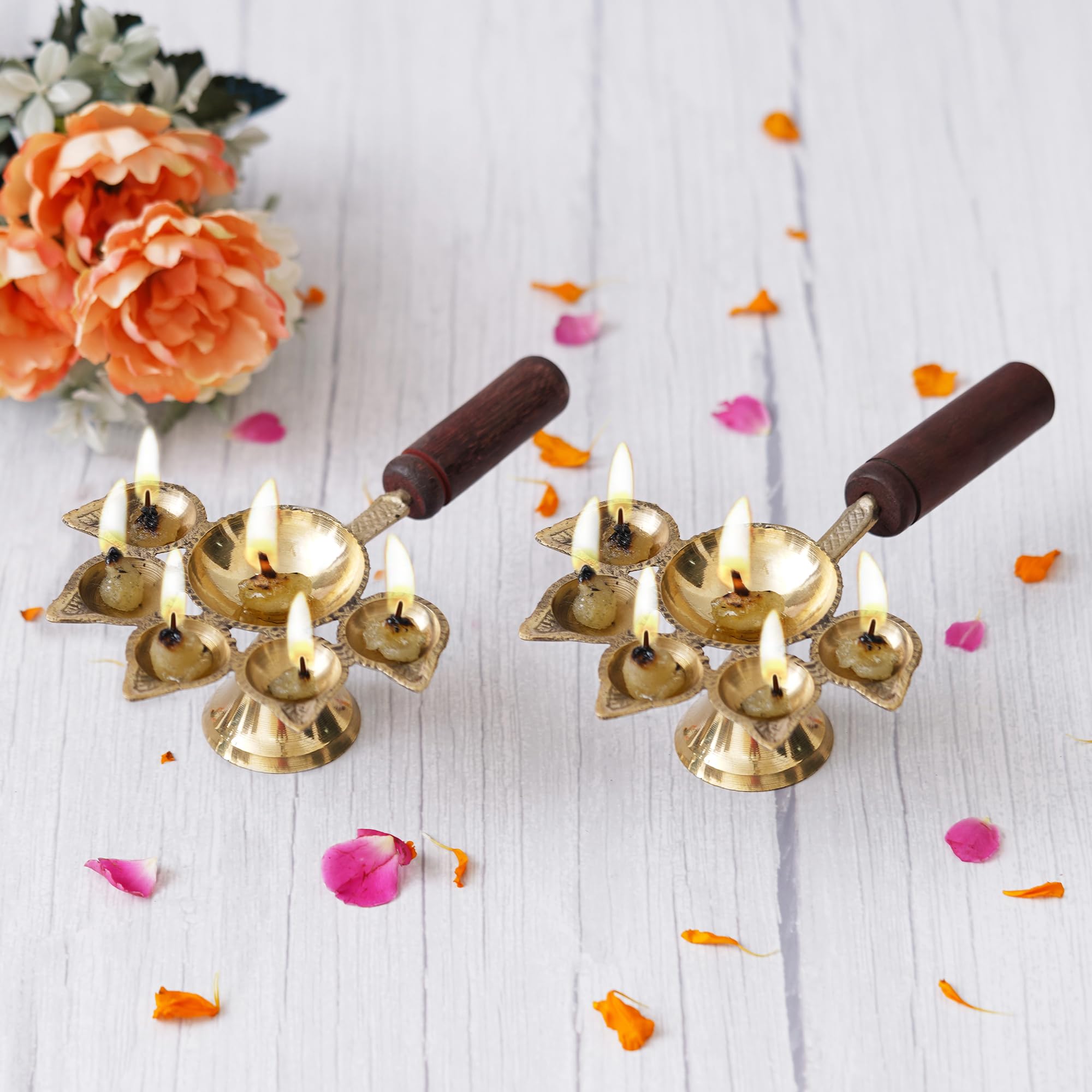 eCraftIndia Set of 2 Golden Brass Panchdeep Diyas for 5 Cotton Wicks Wooden Holder - Diya for Diwali - Brass Diya for Pooja - Oil Lamp for Festivals, Diwali Gift- Diwali Decoration Item for Home Decor