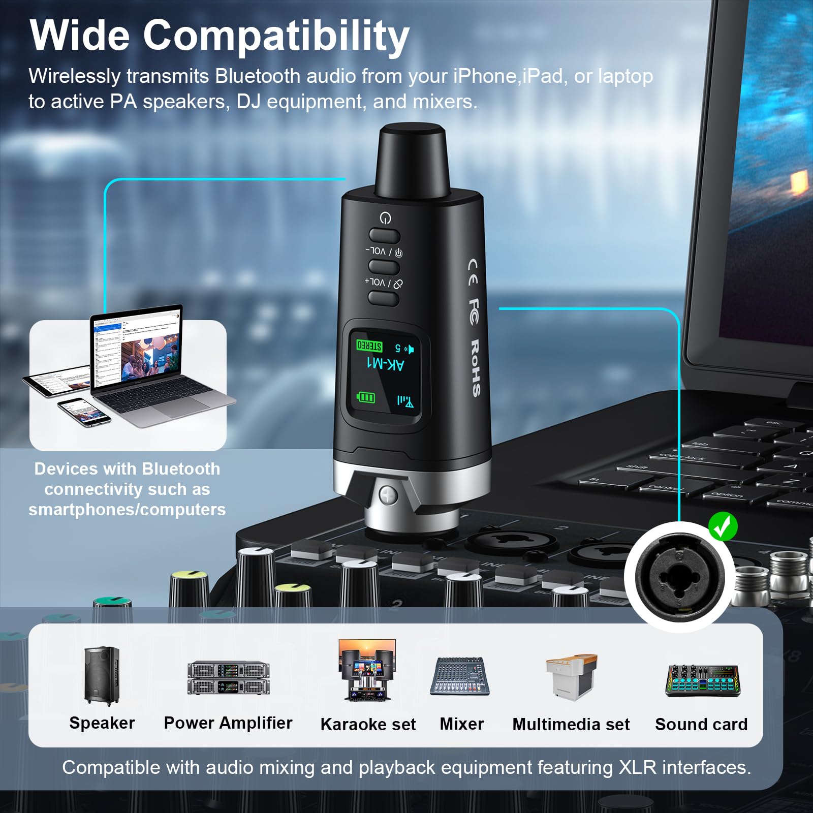 Aokeo Ricevitore Bluetooth XLR, adattatore Bluetooth wireless ad alta fedeltà per altoparlanti, sistemi PA, mixer, apparecchiature DJ